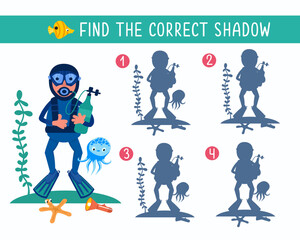 Find correct shadow. Cute diver with flippers and cartoon-style oxygen tank. Puzzle game for children. Activity, vector illustration.