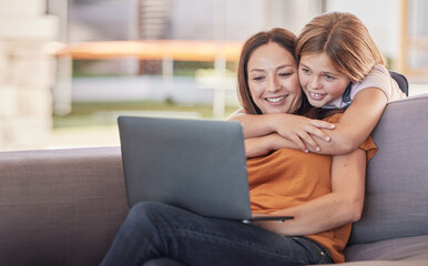 Technology, girl and happy mother on social media with laptop app, watch funny movie or happy on the internet on the sofa in their house. Child and mom streaming video internet with computer on couch