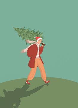 Happy Man Carrying Christmas tree  to celebrate Xmas and New Year