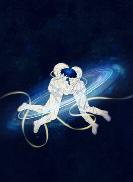 Illustration with two astronauts in love on space starry backfround