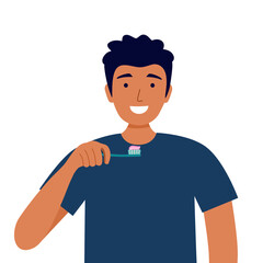 Man brushing teeth in the bathroom in flat design. Guy cleaning teeth to prevent tooth decay. Dental care.