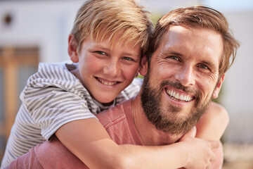 Fototapeta premium Happy family, portrait and father with son in a garden, relax and bond while playing, laughing and having fun at home, Face, smile and parent with child in backyard, enjoying vacation day in Canada