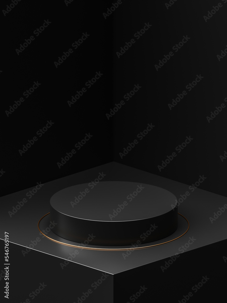 Poster Black elegant podium 3d showcase stand background with empty dark presentation platform scene or show stage pedestal luxury product display and blank cosmetic banner premium studio room wall concept.