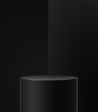 Empty black podium pedestal backdrop stage on 3d background of modern product display studio scene platform or presentation showcase room abstract wall stand and luxury cosmetic show mockup template.