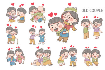 set of older couple character illustration, grandparents' day