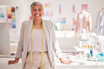 Black woman, fashion and clothes designer portrait, happy about creative studio success. Smile of...
