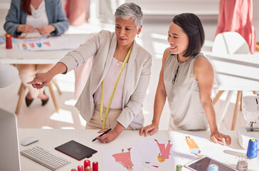 Fashion, designer and manager on computer, design drawing or sketch for planning, consulting and teamwork in workshop. Asian and mature women collaboration, support and talking about retail sale