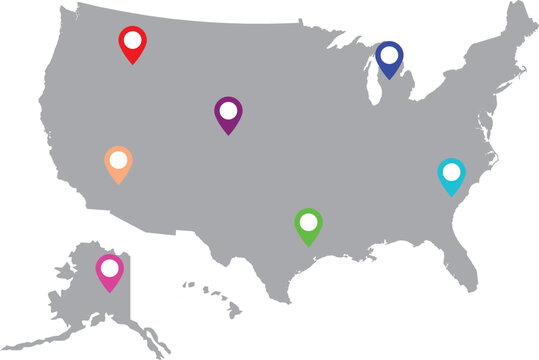 Vector United States (USA) map with pointers isolated

