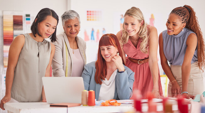 Fashion, retail and design team on laptop for ecommerce, sale and profit review in office. Partnership, teamwork and business women collaboration startup goal, online shopping website and logo reveal