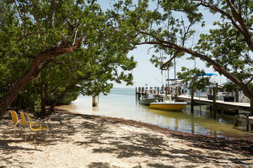 Little wooden dock with small boat docked