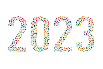 カラフルな水彩の水玉でできた2023の文字（多様性）