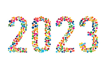 カラフルな水彩の水玉でできた2023の文字（多様性）