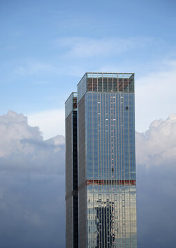 Closeup city tall buildings background