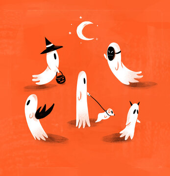 Group of ghosts wearing halloween costumes 