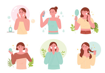 Morning makeup routine for cute girls. Washing, skincare, makeup and hair styling.