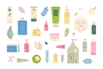 A collection of various cosmetic products. Cosmetic containers such as pumps and spray creams. flat vector illustration.