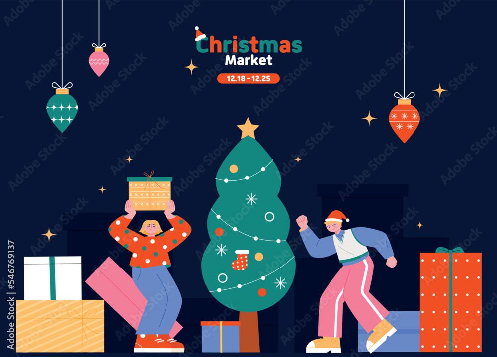 Wall mural A boy and a girl are having fun with a large gift box. Dark background Christmas. flat vector illustration.