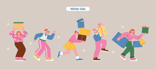 People are walking happily carrying gift boxes and shopping bags. flat vector illustration.