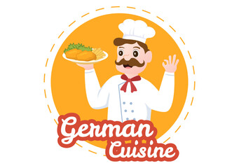 German Food Restaurant with Collection of Delicious Cuisine Traditional and Drinks in Flat Cartoon Hand Drawn Templates Illustration