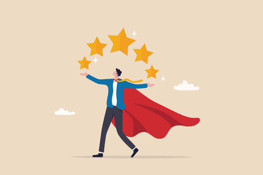 5 stars expert, excellence or great service, quality and good reputation professional, award winning or best rating concept, businessman superhero carrying big golden customer 5 stars rating feedback.