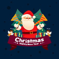 Christmas Happy New Year Santa Claus with Gift Box and Pine Tree