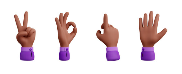 Hand with different gestures, victory, okay, pointing and stop. African american man arm show two fingers, point up, good symbol and open palm isolated on white background, 3d render illustration