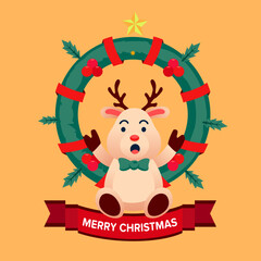 Reindeer Holding Round Bush giving Happiness on Christmas Day with Orange Yellow Background