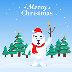Snow Bear holding Magic Tree Celebrate Christmas with santa hat