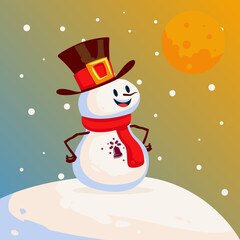 Snowman Happy with Hat Character Standing on Sun Rise Illustration for Book Cover