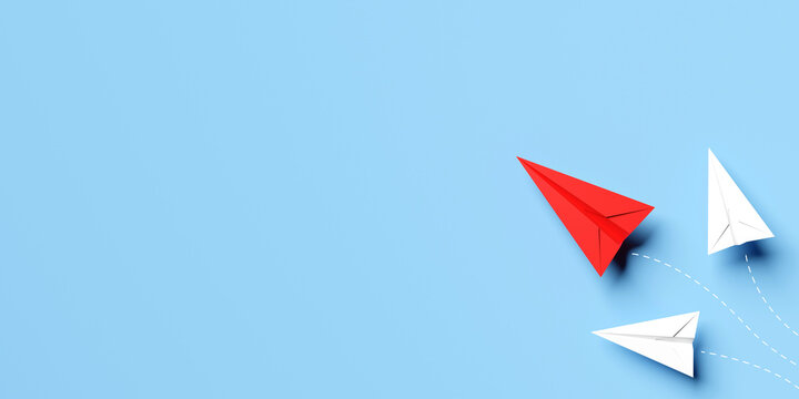 concept of business leadership competition destination or goal. red paper plane and white paper plane on blue background. 3d illustration
