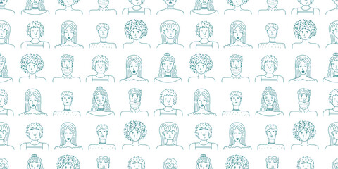 Cute seamless pattern of doodle people portraits