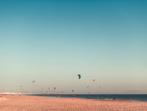 Windy beach full of kitesurfers 