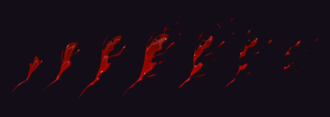 Blood splash animation sprite sheet, cartoon red liquid swirls dynamic motion. Bloody or paint explosion sequence frame or clip for game, burst, boom fx effect, storyboard, Vector illustration, set