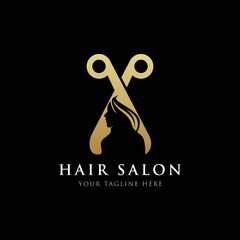 woman and scissors. Unisex hair salon logotype.