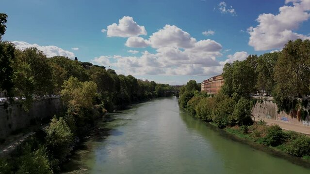 Sublicio bridge over Tiber river, Rome in Italy. Aerial forward