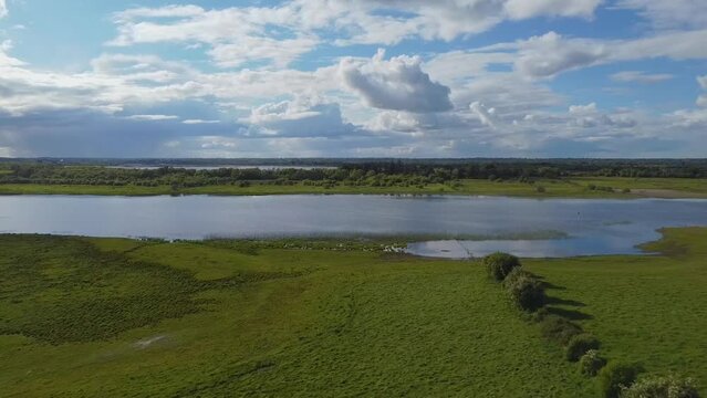 The River Shannon flood plain pull Back shot.  Beside the  Clonmacnoise Monastery in County Offaly Heritage site today protected by Office of Public Works.