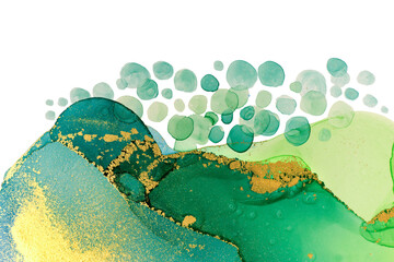 Abstract ocean foam print. Watercolor green and blue texture with gold glitter.
