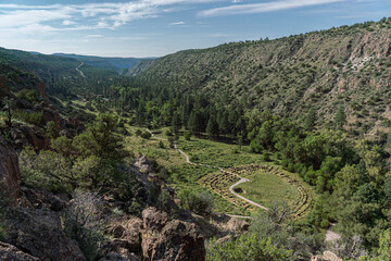 Fototapeta na wymiar View of the Tyuonyi pueblo from the Frey Trail, Frijoles Canyon, Bandelier National Monument, New Mexico