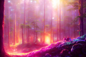 Red Sunset at a Mythical Forest - Dreamy Fantasy Art
