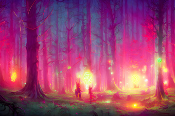 Obraz premium Bright Colorful Night Forest - Dreamy Fantasy Art 