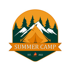 Fototapeta na wymiar Summer camp vector logo design, mountain and forest premium logo vector illustrations.