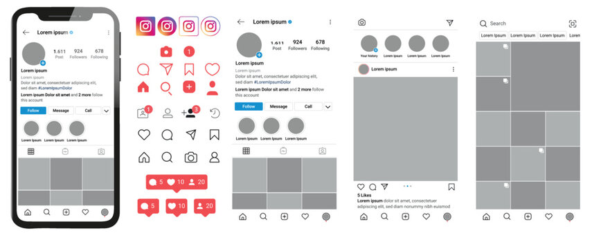 Instagram mockup collection set including icons, logos and app mockups on a smartphone screen. Transparent and isolated background vector illustration.