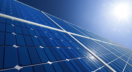 Close up Solar panels with sunny day