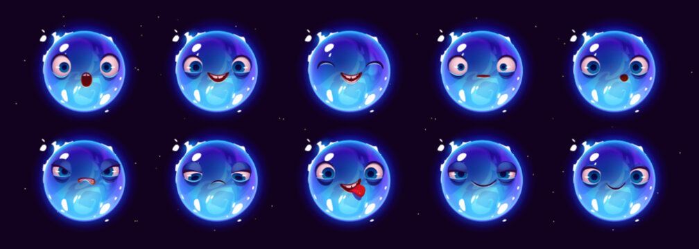 Blue supergiant star character with different facial expressions. Icons with emotions of funny alien planet in outer space. Water drop character isolated on black background, vector cartoon set