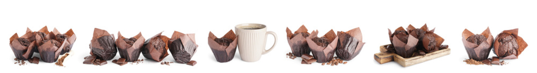 Set of delicious chocolate muffins isolated on white