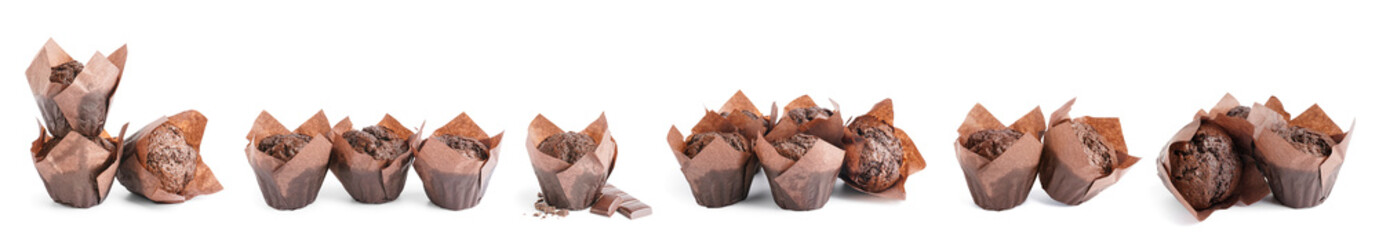 Set of many delicious chocolate muffins isolated on white