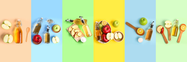 Set of apple cider vinegar on colorful background, top view