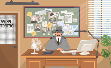 Serious detective at office workspace flat vector