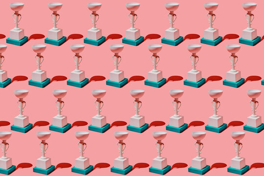 mosaic of white and blue trophies