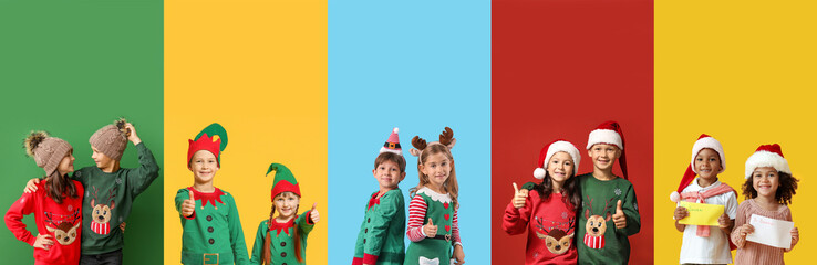 Collage with cute children in Christmas costumes on colorful background